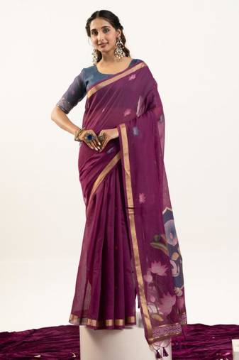 Wine cotton silk printed saree with zari work
