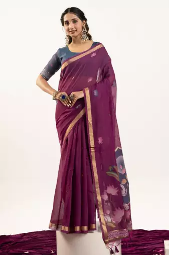 Wine cotton silk printed saree with zari work