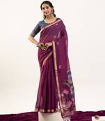 Wine cotton silk printed saree with zari work