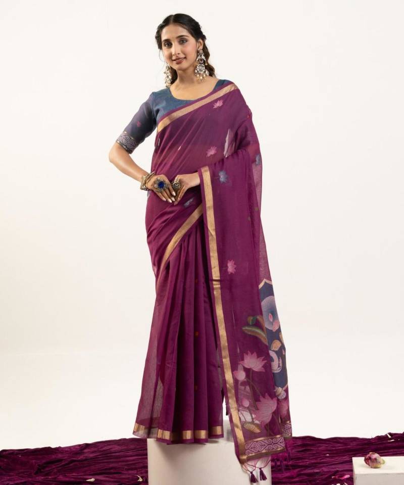Wine cotton silk printed saree with zari work