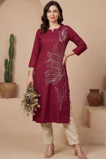 Pink women geometric embroidered thread work kurta