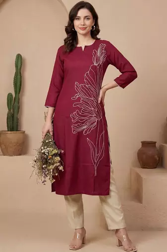 Pink women geometric embroidered thread work kurta