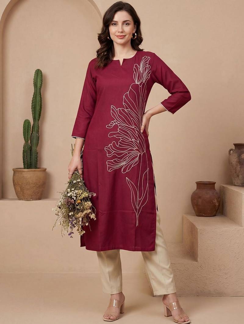 Pink women geometric embroidered thread work kurta