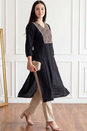 Black women ethnic motifs embroidered thread work kurta