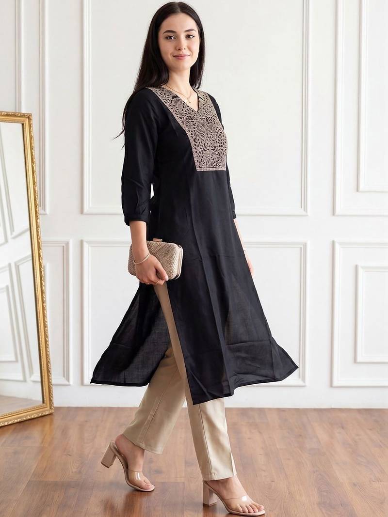Black women ethnic motifs embroidered thread work kurta
