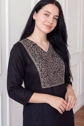 Black women ethnic motifs embroidered thread work kurta