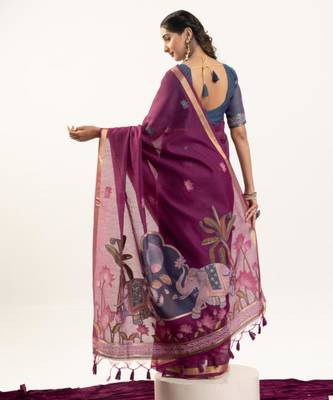 Wine cotton silk printed saree with zari work 2