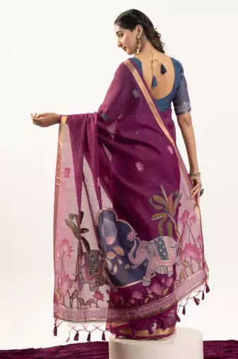 Wine cotton silk printed saree with zari work