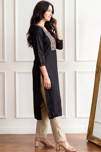Black women ethnic motifs embroidered thread work kurta