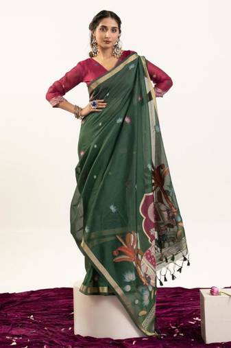 Green cotton silk printed saree with zari work