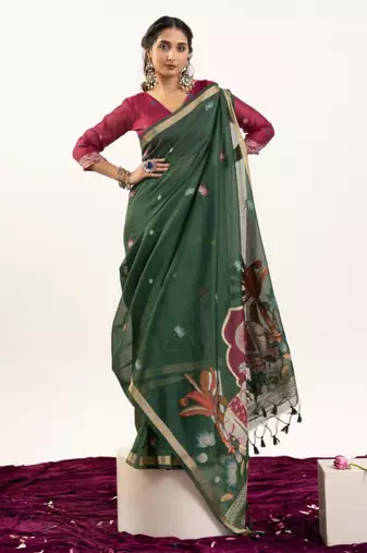 Green cotton silk printed saree with zari work
