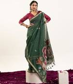 Green cotton silk printed saree with zari work