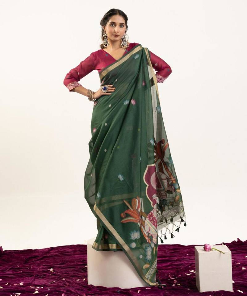 Green cotton silk printed saree with zari work