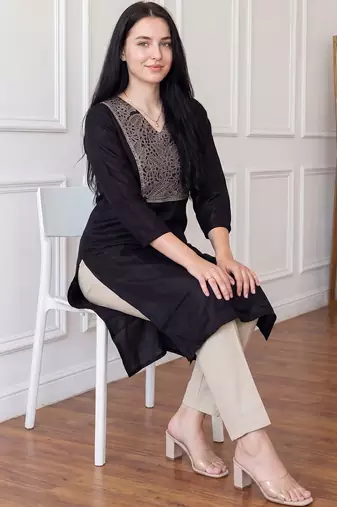 Black women ethnic motifs embroidered thread work kurta
