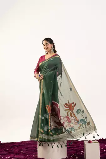 Green cotton silk printed saree with zari work