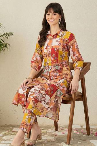 Mustard floral printed pure cotton multicolor kurta with trousers