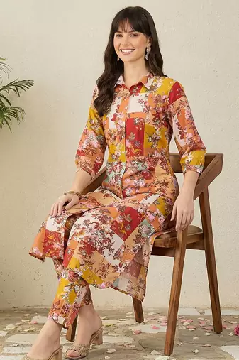 Mustard floral printed pure cotton multicolor kurta with trousers