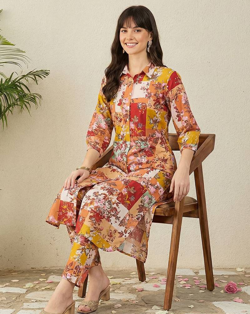 Mustard floral printed pure cotton multicolor kurta with trousers