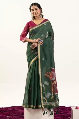 Green cotton silk printed saree with zari work