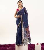Teal cotton silk printed saree with zari work