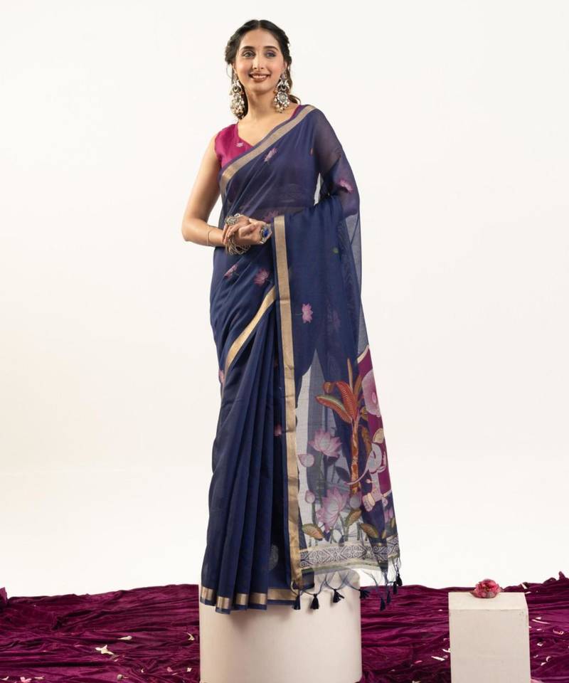 Teal cotton silk printed saree with zari work