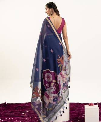 Teal cotton silk printed saree with zari work 2