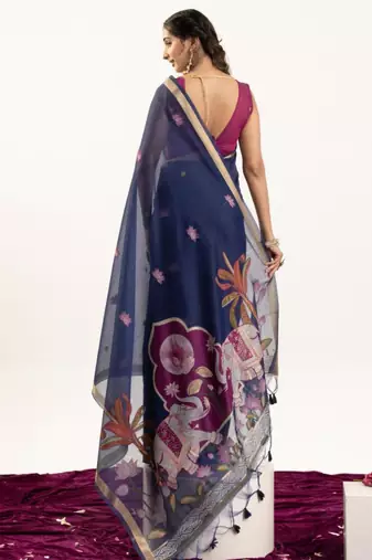 Teal cotton silk printed saree with zari work