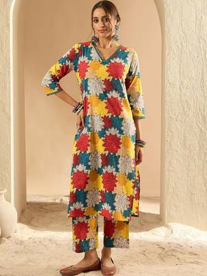 Yellow women floral printed cotton kurta with trousers 2