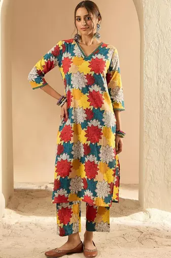 Yellow women floral printed regular pure cotton kurta with trousers