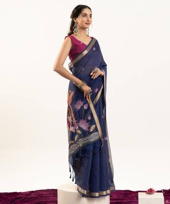 Teal cotton silk printed saree with zari work 3