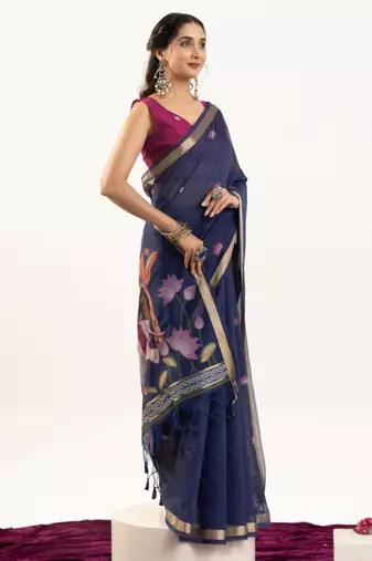 Teal cotton silk printed saree with zari work