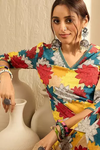 Yellow women floral printed regular pure cotton kurta with trousers