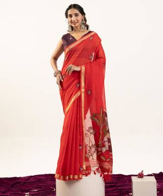 Red cotton silk printed saree with zari work 1