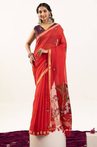 Red cotton silk printed saree with zari work