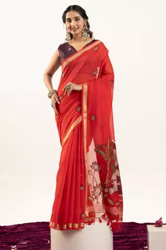 Red cotton silk printed saree with zari work