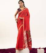Red cotton silk printed saree with zari work