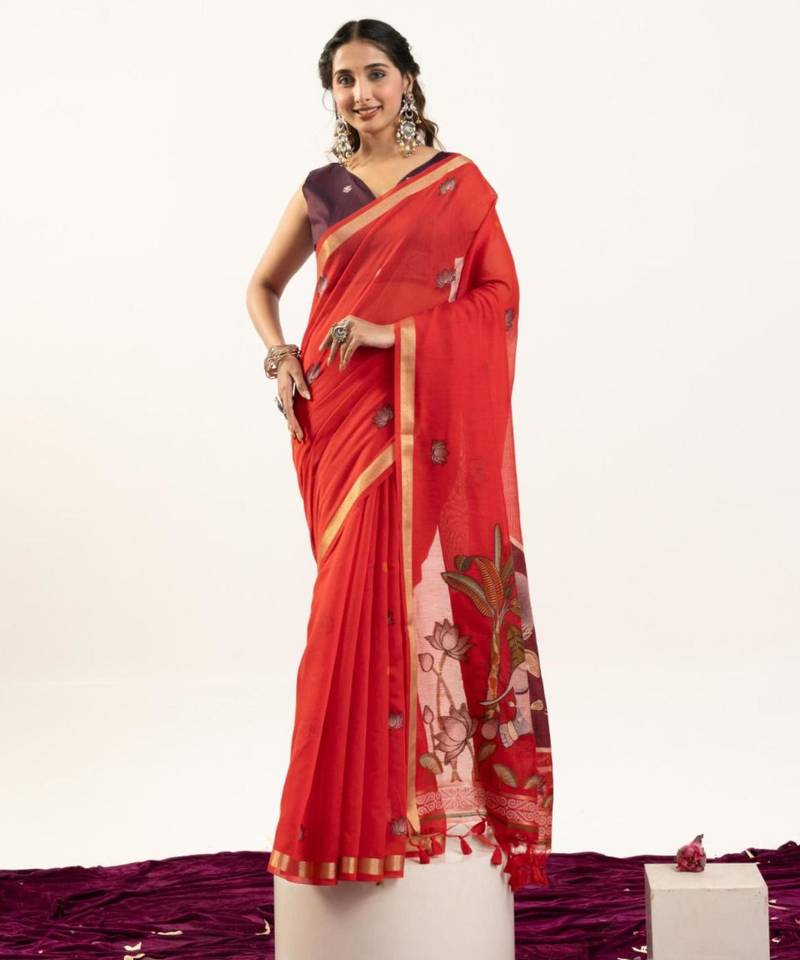 Red cotton silk printed saree with zari work