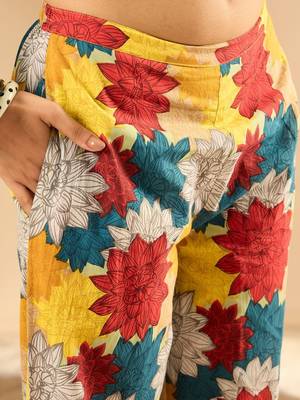 Yellow women floral printed cotton kurta with trousers 4