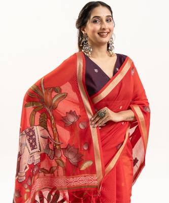 Red cotton silk printed saree with zari work 2