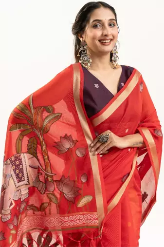Red cotton silk printed saree with zari work
