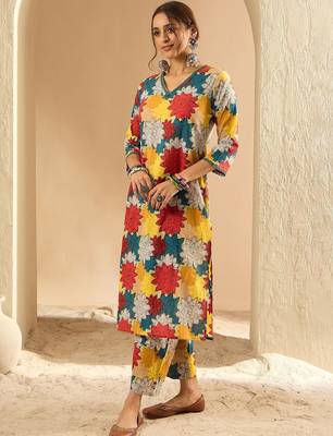 Yellow women floral printed cotton kurta with trousers 5