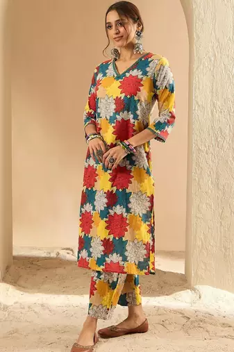 Yellow women floral printed regular pure cotton kurta with trousers