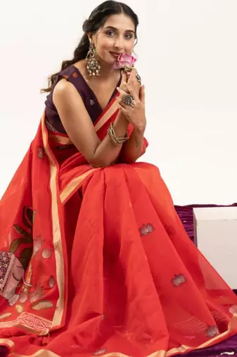 Red cotton silk printed saree with zari work