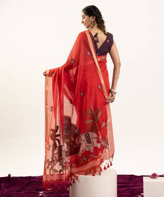 Red cotton silk printed saree with zari work 4