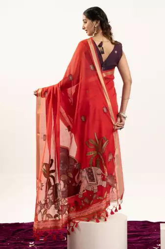 Red cotton silk printed saree with zari work