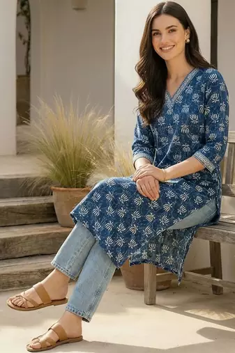 Blue women floral printed floral kurta
