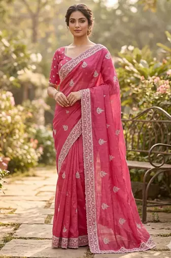 Pink cotton silk embroidered saree with sequins work