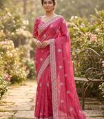 Pink cotton silk embroidered saree with sequins work