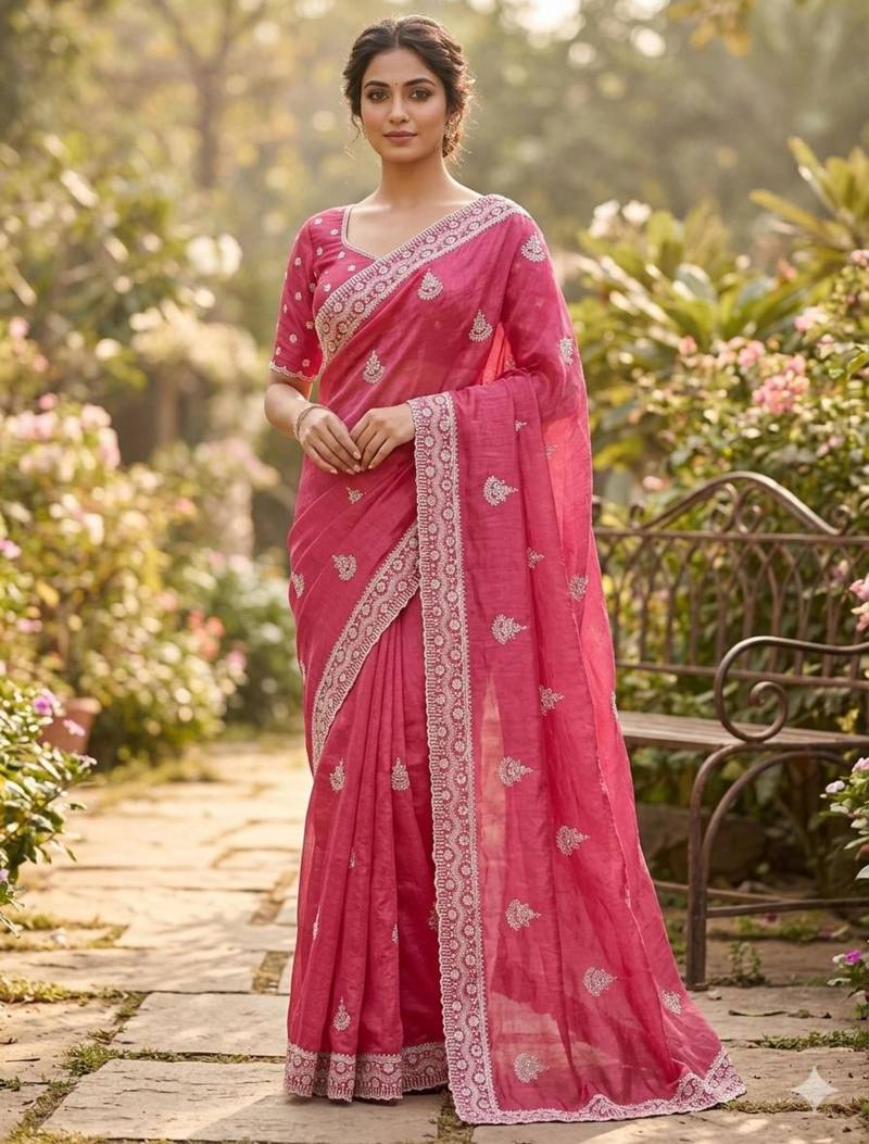 Pink cotton silk embroidered saree with sequins work