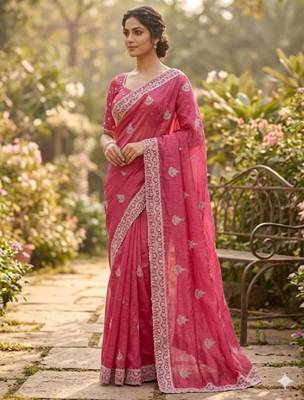 Pink cotton silk embroidered saree with sequins work 2